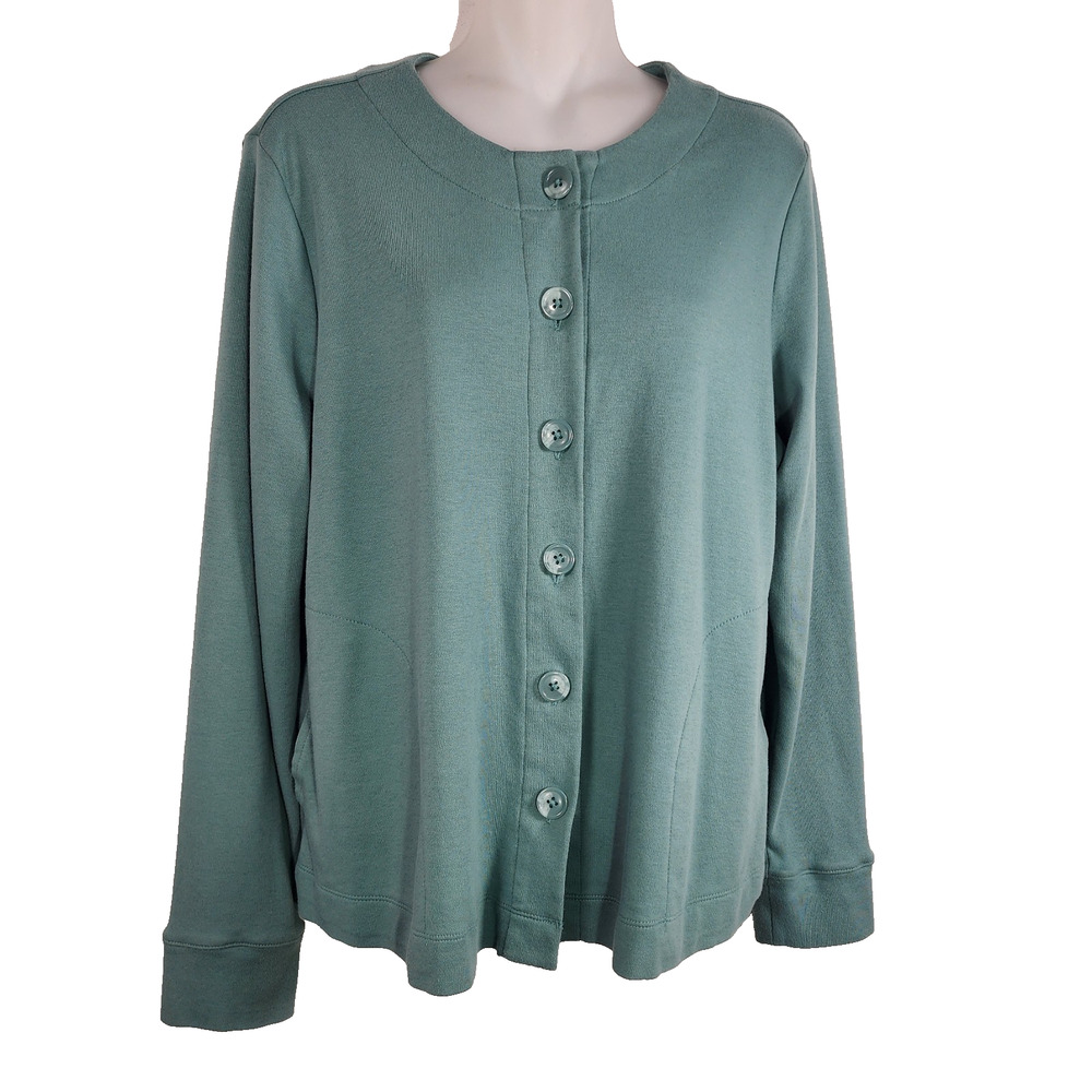 Isaac Mizrahi Live Essentials Crew Neck Button Front Cardigan Size M Pale Pine